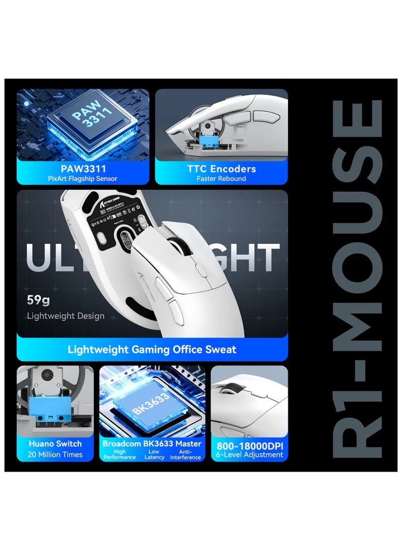 Attack Shark - ATTACK SHARK R1 Wireless Gaming Mouse,Tri-Mode Connection (2.4G/Wired/BT5.2),55g Lightweight,18K DPI Optical Sensor,HUYU 20 Million Key Life,Ergonomic Design,for PC/Laptop/Win/Mac(White) - Image 1
