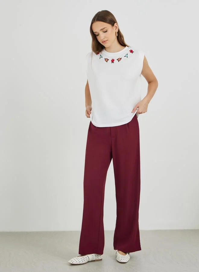 تايك تو Take Two Embroidered Round Neck T-Shirt