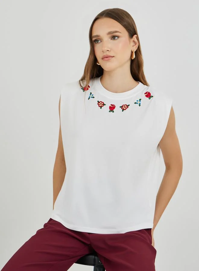 تايك تو Take Two Embroidered Round Neck T-Shirt