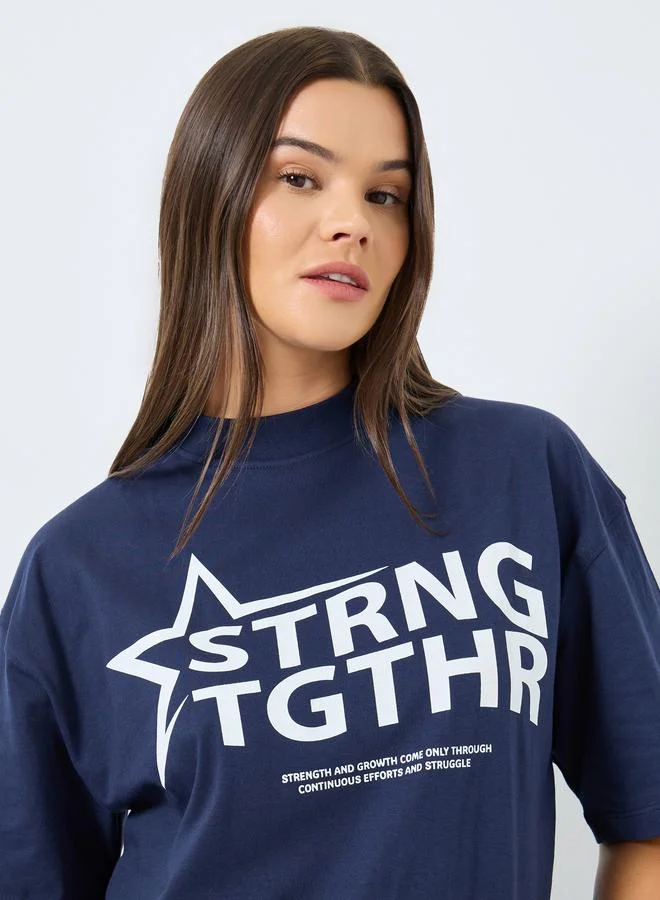 Styli Styli Navy Blue Slogan Print Relaxed Fit T-Shirt