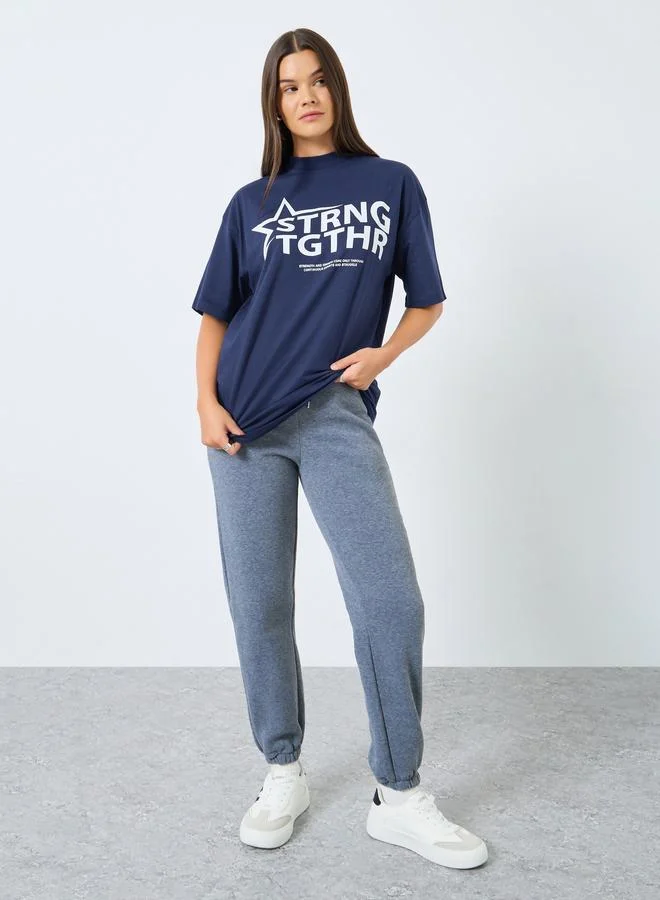 Styli Styli Navy Blue Slogan Print Relaxed Fit T-Shirt