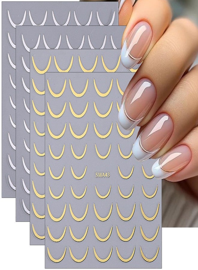 LRKNNO French Tip Nail Art Stickers 3D Gold Silver French Tip Curved Line Nail Art Design Decals French Line Nail Stickers Self-Adhesive Nail Tips Guides Sticker for Women DIY Manicure Decoration 4 Sheets - Image 1