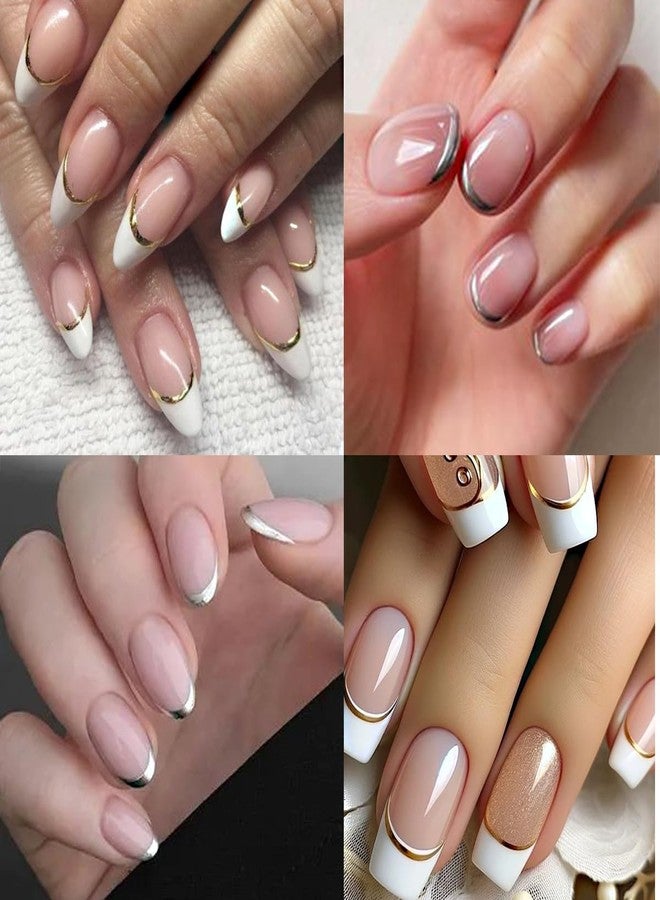 LRKNNO French Tip Nail Art Stickers 3D Gold Silver French Tip Curved Line Nail Art Design Decals French Line Nail Stickers Self-Adhesive Nail Tips Guides Sticker for Women DIY Manicure Decoration 4 Sheets - Image 5