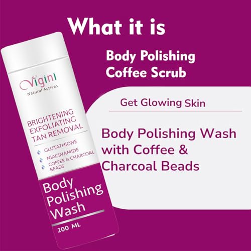 Vigini Exfoliating Glutathione Charcoal Coffee Scrub Body Wash for Pigmentation Dark Spot D De Tan Detan Dtan Removal Skin Glowing Radiance Moisturizing Polishing Men Women Oily & Dry Skin 200ml - Image 2