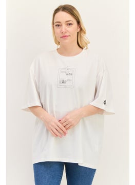 Women Crew Neck Short Sleeves Graphic Print T-Shirt, White