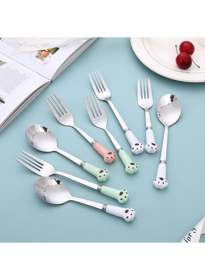 Imitation Ceramic Cartoon Cat's Claw Stainless Steel Spoon Creative Tableware Fork Children Cute Dining Spoon Household Wholesale-Color:White-Short Spoon - Image 2