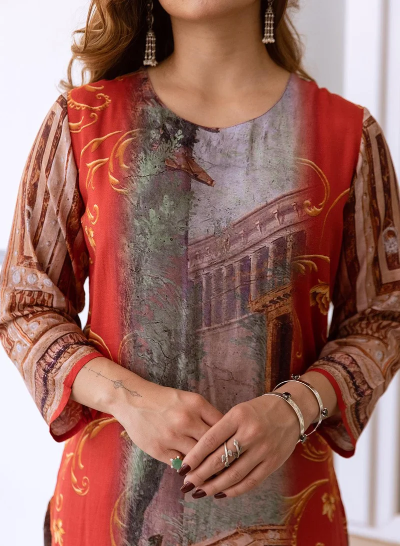 ISHIN Women's Multicoloured Tissue Shimmer Printed Tunic Full Length Palazzo Straight Fit Kurta Set