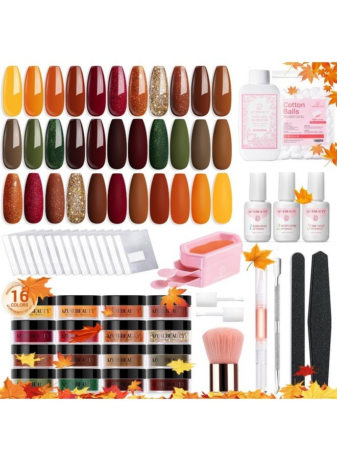 AZUREBEAUTY 130 Pcs Dip Powder Nail Kit,16 Fall Colors Glaring Golden Brown Coffee Dip Powder Liquid Set With Professional Remover/Top/Base/Coat Activator For Nails Art Manicure Diy Salon Women  - Image 1