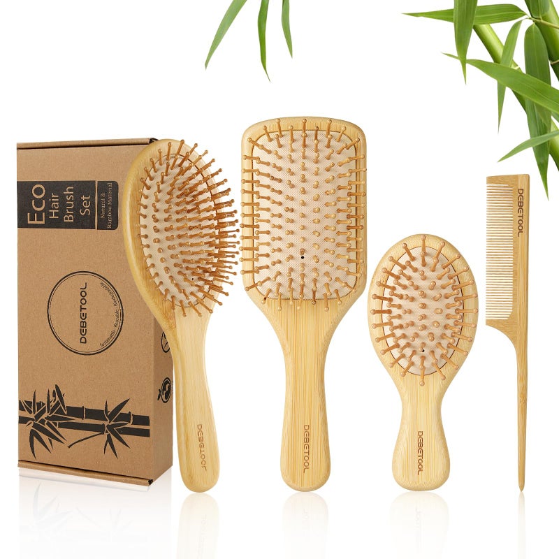 DEBETOOL Bamboo Hair Brush and Comb Set for Women Men and KidsNatural Bamboo wood Widetooth brush and tail comb  Paddle Detangling Brush for Wet Dry Curly Hair
