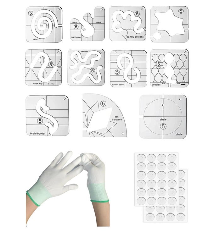 15 PCS FREE MOTION QUILTING TEMPLATE SET INCLUDES 11 QUILTING TEMPLATES 2 SHEET48PCS NONSLIP GRIPS QUILTING STICKERS AND 2 PAIRS QUILTING GLOVES SEWING MACHINE RULER ACRYLIC DIY SEWING TOOLS KIT