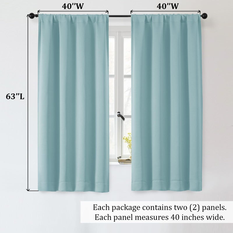 OWENIE Sally Aqua Blackout Curtains for Bedroom 63 Inch Length 2 Panels, Solid Thermal Insulated Energy Saving Rod Pocket Window Treatment Drapes, W40 x L63 Inch, Aqua - Image 2