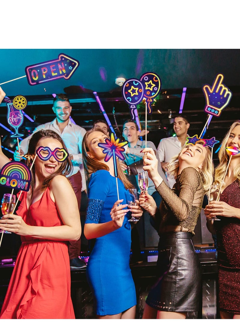 Zikra 30 Pcs Glow in the Dark Neon Photo Booth Props with Stick Neon Glow Party Decorations Glow Party Favor Fluorescent Party Supplies for Birthday Rock Disco Black Light 80S 90S Party Decorations - Image 3