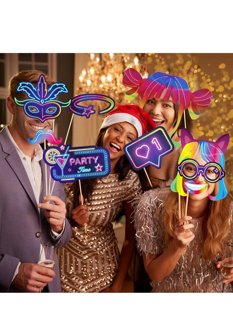 Zikra 30 Pcs Glow in the Dark Neon Photo Booth Props with Stick Neon Glow Party Decorations Glow Party Favor Fluorescent Party Supplies for Birthday Rock Disco Black Light 80S 90S Party Decorations - Image 2