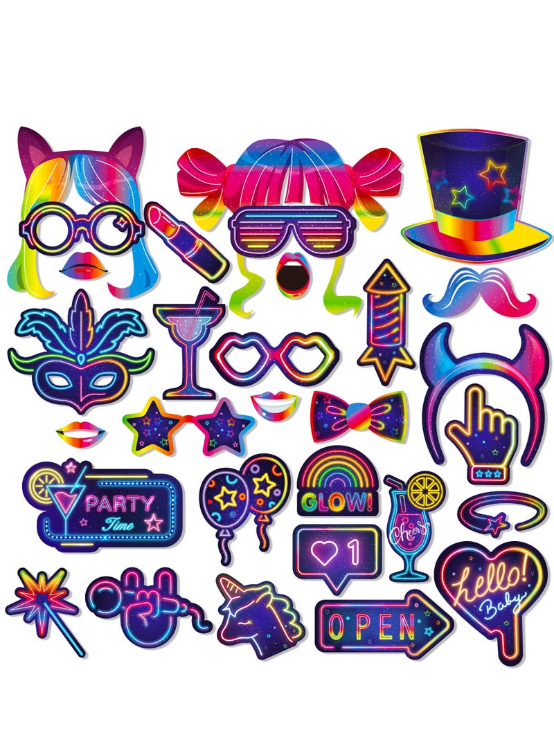 Zikra 30 Pcs Glow in the Dark Neon Photo Booth Props with Stick Neon Glow Party Decorations Glow Party Favor Fluorescent Party Supplies for Birthday Rock Disco Black Light 80S 90S Party Decorations - Image 1
