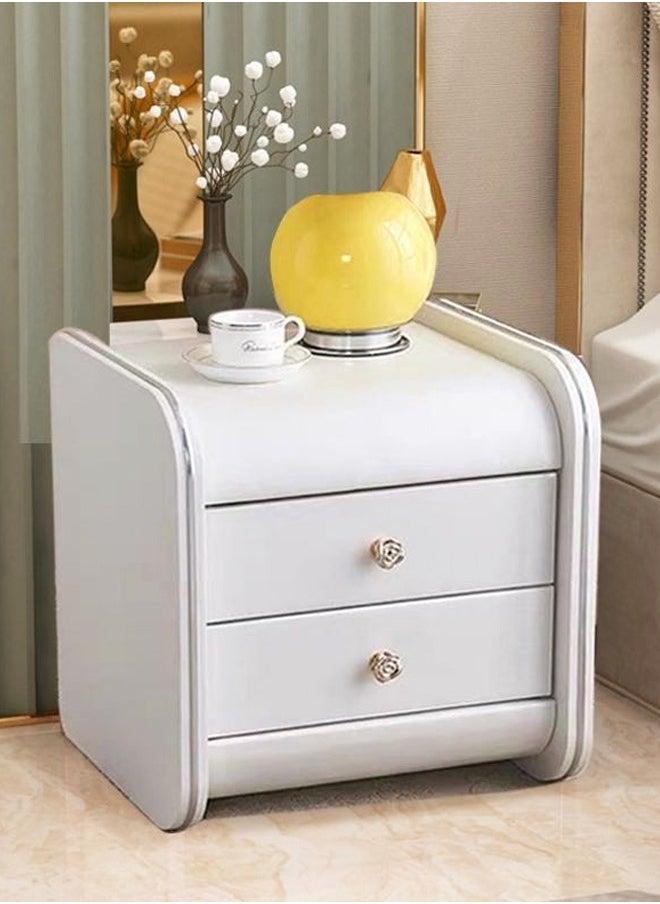 Raffine - Multipurpose Use 2 Drawers Rounded Corner Nightstand Leather Wrapped Creative Bedside Table Rose Shape Handle Design Luxury Side Table with Display Shelf for Living Room Bedroom 43x40x48 cm (Fully Assembled) - Image 1