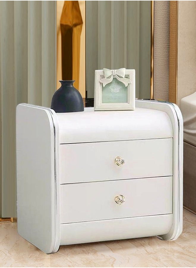 Raffine - Multipurpose Use 2 Drawers Rounded Corner Nightstand Leather Wrapped Creative Bedside Table Rose Shape Handle Design Luxury Side Table with Display Shelf for Living Room Bedroom 43x40x48 cm (Fully Assembled) - Image 1