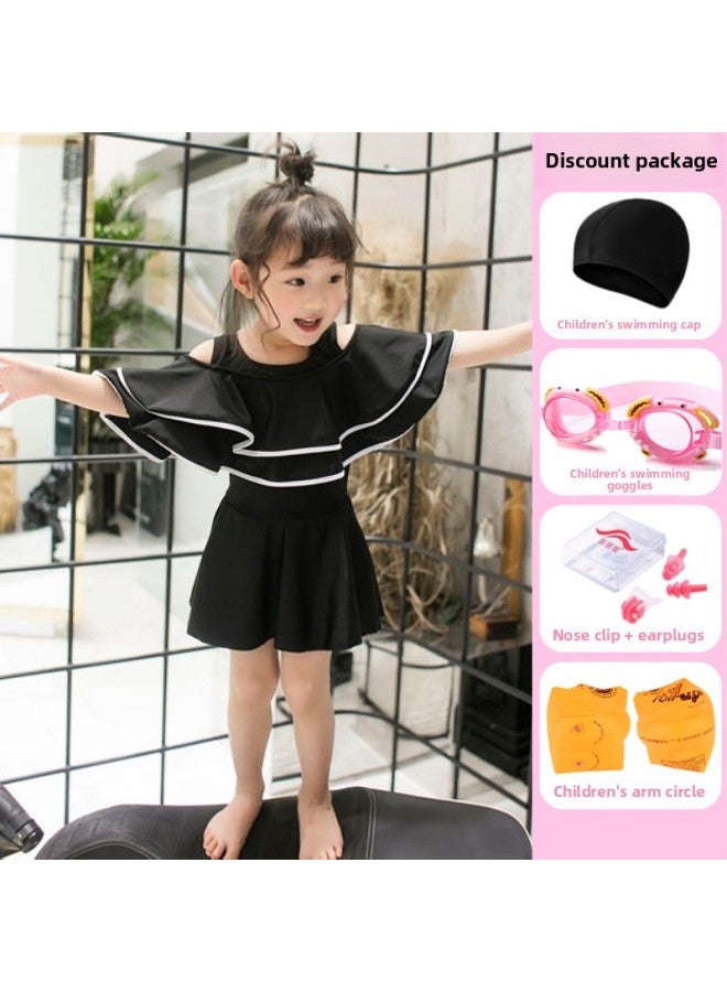 Parent-child Swimsuit Mother And Daughter One-piece Boxer Cover Belly Slimming Swimsuit Korean Off-shoulder Children Girl Swimsuit-Color:Children's Black + Five-piece Set- - Image 1