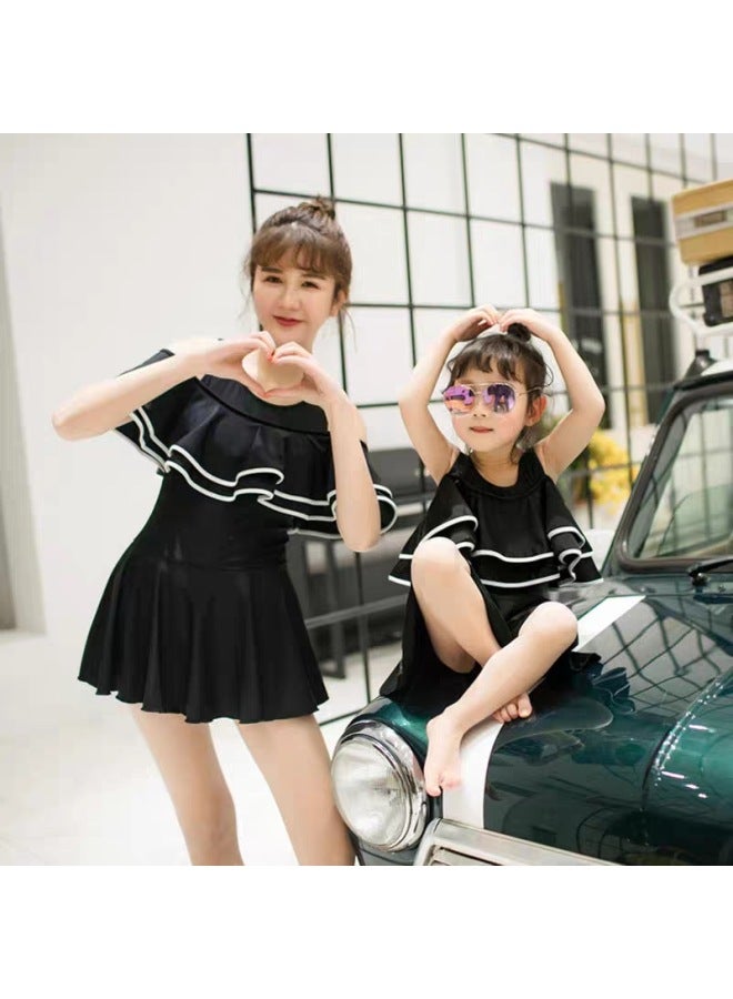 Parent-child Swimsuit Mother And Daughter One-piece Boxer Cover Belly Slimming Swimsuit Korean Off-shoulder Children Girl Swimsuit-Color:Children's Black + Five-piece Set- - Image 3
