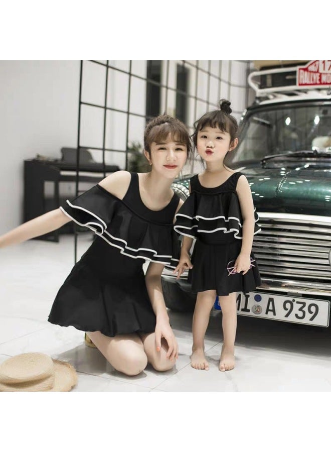 Parent-child Swimsuit Mother And Daughter One-piece Boxer Cover Belly Slimming Swimsuit Korean Off-shoulder Children Girl Swimsuit-Color:Children's Black + Five-piece Set- - Image 2