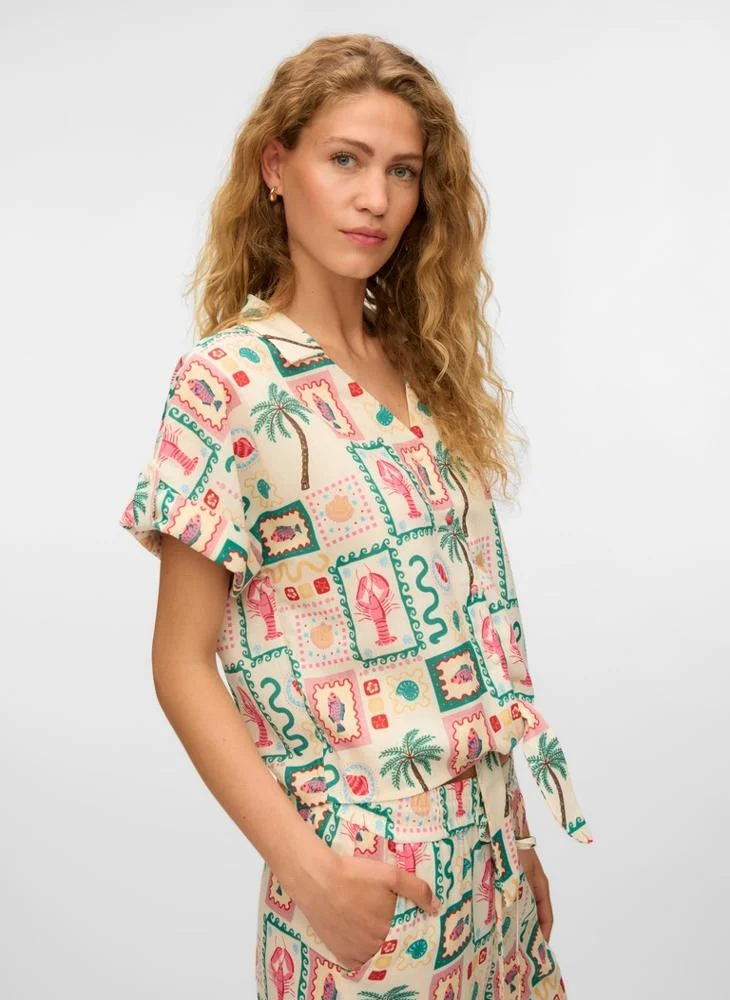 Vero Moda Printed Short Sleeve Buuton Bow Shirt