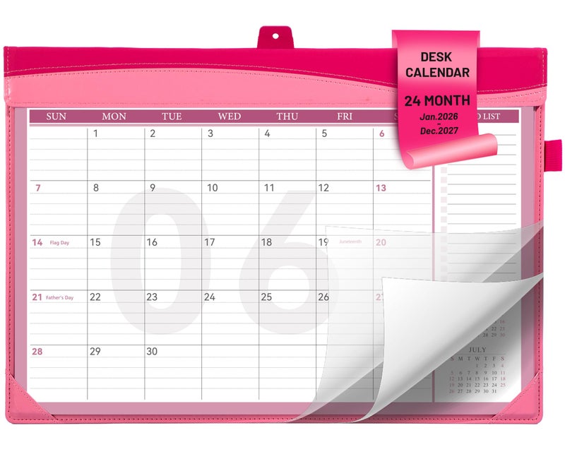 FLYING EAGLE 2026-2027 Desk Calendar, 24 Months Large Leather Desktop Calendar with To-Do Lists, Desk Pad Wall Calendar with Pockets PVC Cover for Work Office Home,Jan 2026-Dec 2027,17 x 12, Pink - Image 1