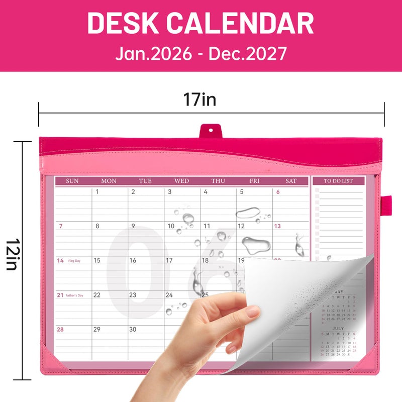 FLYING EAGLE 2026-2027 Desk Calendar, 24 Months Large Leather Desktop Calendar with To-Do Lists, Desk Pad Wall Calendar with Pockets PVC Cover for Work Office Home,Jan 2026-Dec 2027,17 x 12, Pink - Image 3
