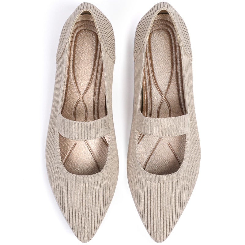 TINGRISE Women's Flats Shoes Pointed Toe Knit Washable Ballet Comfortable Dressy Mary Jane Flat Beige US8.5 - Image 1