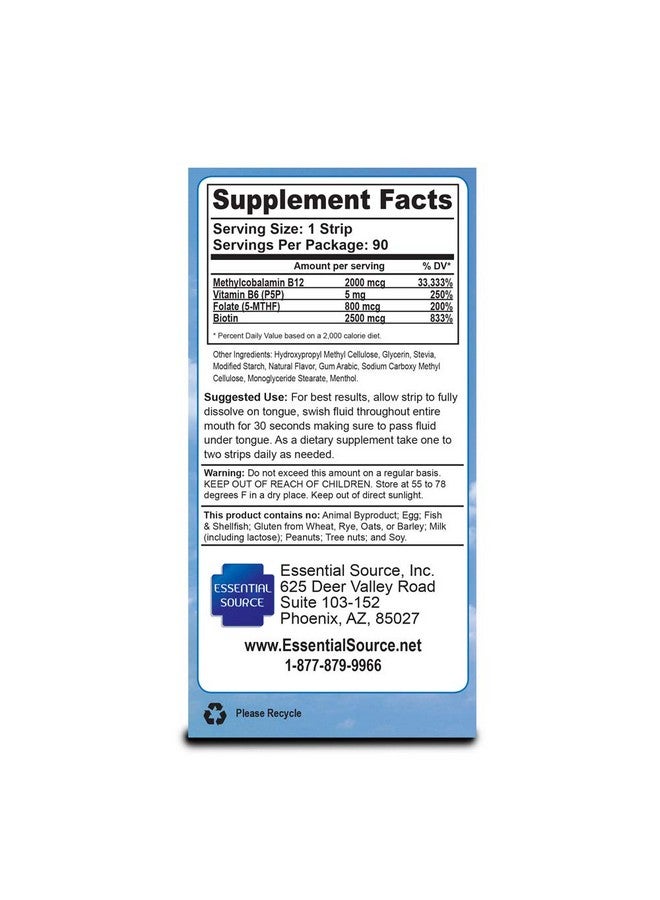 Essential Source شرائط فيتامين ب12 مكمل طاقة مع 2000 ميكروغرام من ميثيلكوبالامين ب6 حمض الفوليك وبيوتين دعم صحة الأعصاب والدماغ تخفيف التوتر النوم بنكهة التوت الشتوي 90 يومًا من الإمدادات - Image 2