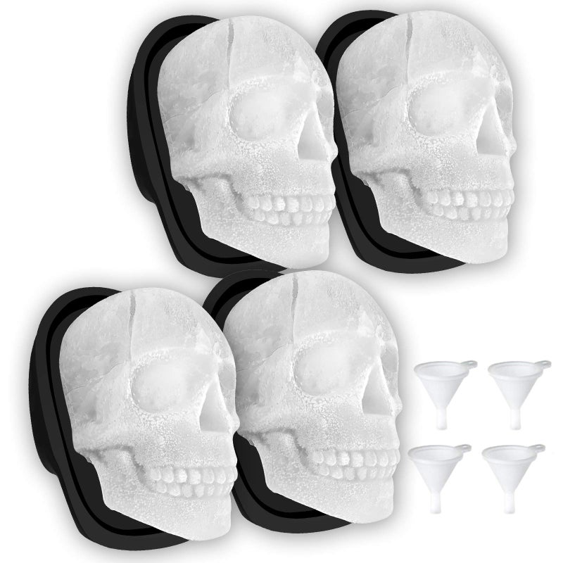 Extra Large 3D Skull Ice Cube Mold Silicone Ice Molds for Whiskey Skull Ice Cube Trays with Funnel for Big Mouth Cup Skull Ice Maker with Resin Chocolate sugar Whiskey Ice Mold for Parties 4 Pcs