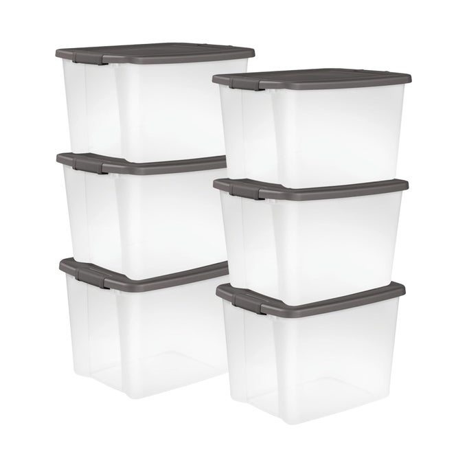 50 QT SHELFTOTE STACKABLE STORAGE BIN WITH LATCHING LID PLASTIC CONTAINER TO ORGANIZE CLOSET SHELVES CLEAR BASE AND GRAY LID 6PACK