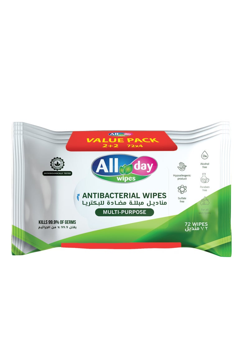 All day wipes All Day Antibacterial Wet Wipes (Multi-Purpose)-72 Count: Kills 99.9% of Germs. For Skin and Surface.Designed for everyday use, Bleach free. Keep your environment clean and germ-free. (Pack of 4) - Image 1