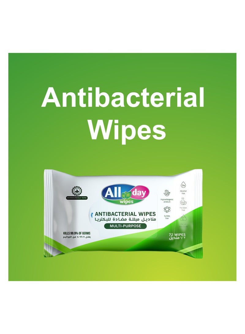 All day wipes All Day Antibacterial Wet Wipes (Multi-Purpose)-72 Count: Kills 99.9% of Germs. For Skin and Surface.Designed for everyday use, Bleach free. Keep your environment clean and germ-free. (Pack of 4) - Image 4