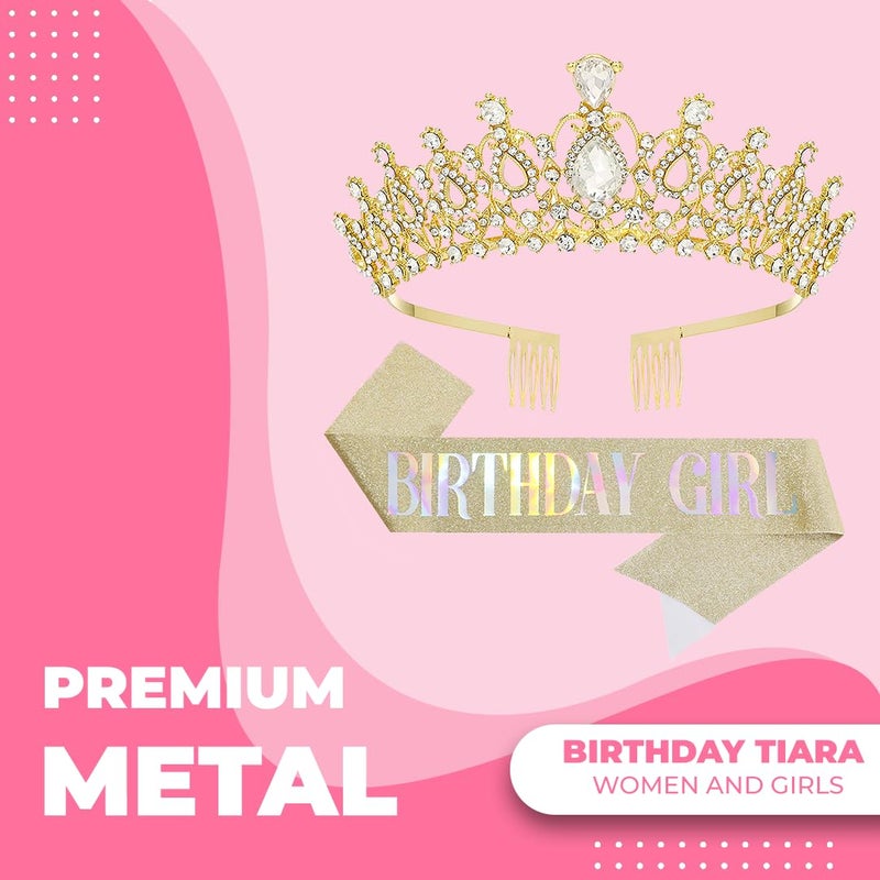 Papoopy Birthday Tiara and Crown with Sash for Women, Hair Accessories for Wedding Party Costume (B) - Image 2