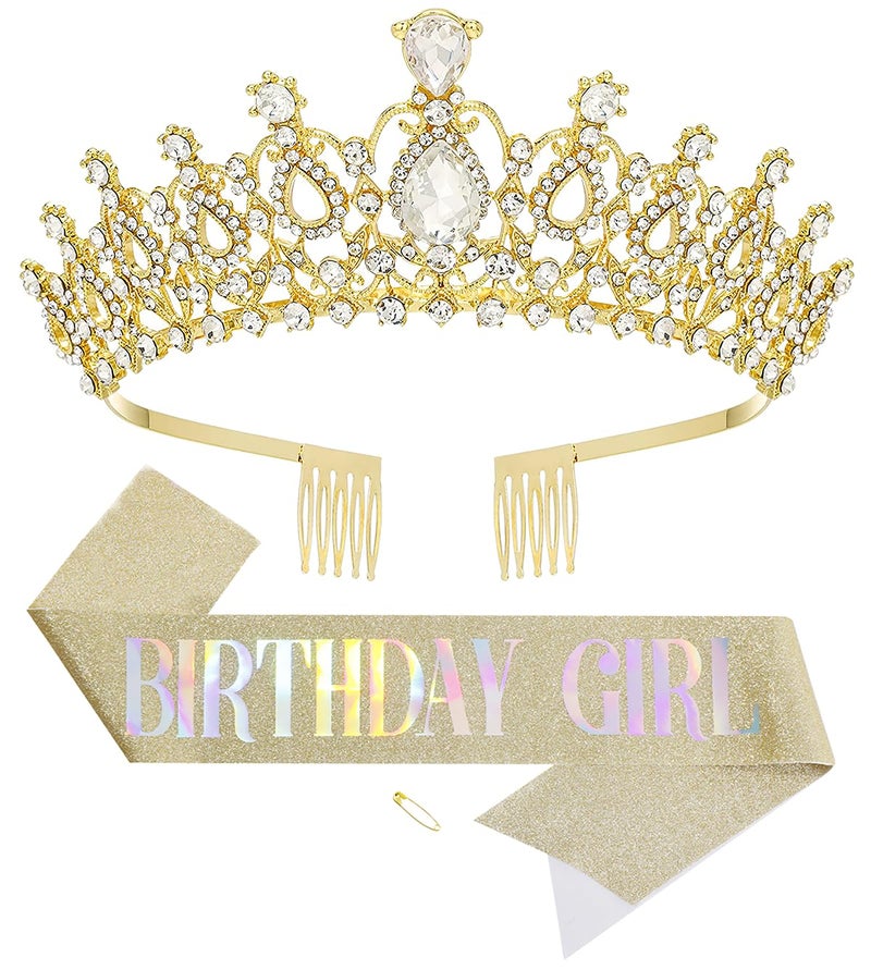 Papoopy Birthday Tiara and Crown with Sash for Women, Hair Accessories for Wedding Party Costume (B) - Image 1
