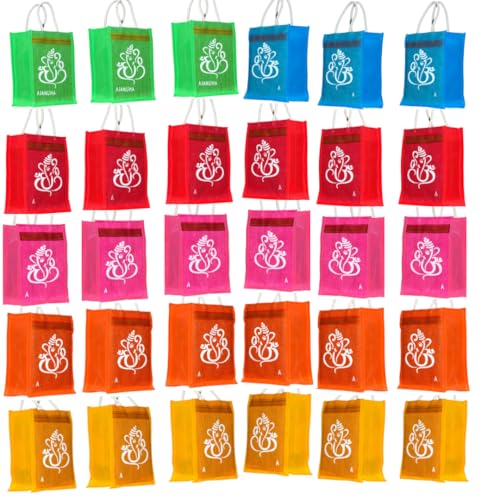 Anumala Jute Gift Bags with Ganesh and Kolam Art Print, Thamboolam Return Gift for Wedding Birthday and Event Gifting, Natural Jute Bag, Size 10 x 8 x 4 Inches, 30 Pcs, Multicolor - Image 1