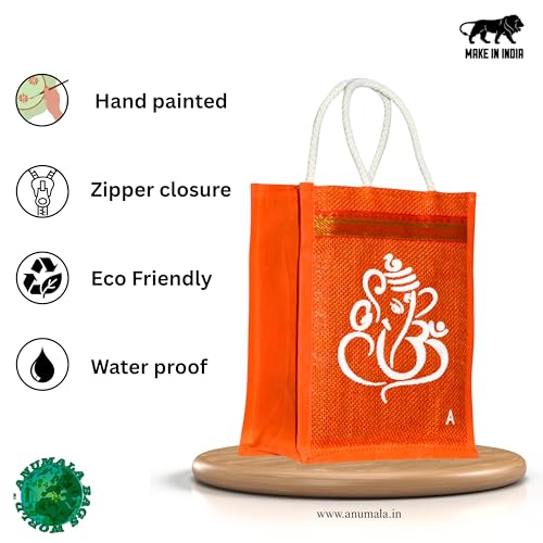 Anumala Jute Gift Bags with Ganesh and Kolam Art Print, Thamboolam Return Gift for Wedding Birthday and Event Gifting, Natural Jute Bag, Size 10 x 8 x 4 Inches, 30 Pcs, Multicolor - Image 3
