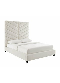 Homzmart Swedish Wood,  MDF Wood & Velvet Super King Bed 180x200x170 cm  - Off-White  - Image 1