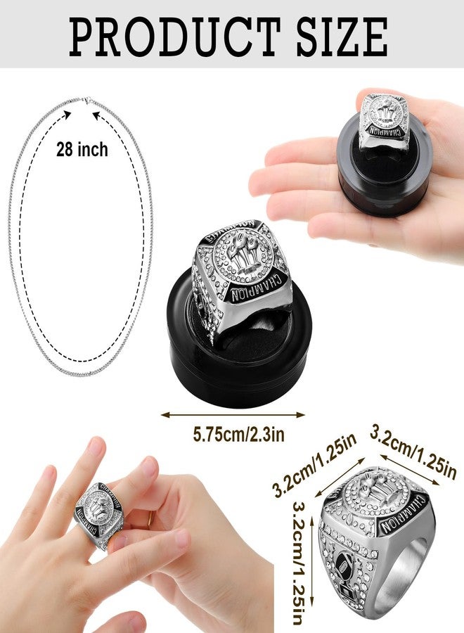Trnayi 6 Pack Fantasy Football Ring Football Champion Rings Size 11 Football Champion Trophy Rings Sport Award Gift with Display Stand Box Neck Chain for Football Tournament League Winner(Silver) - Image 2
