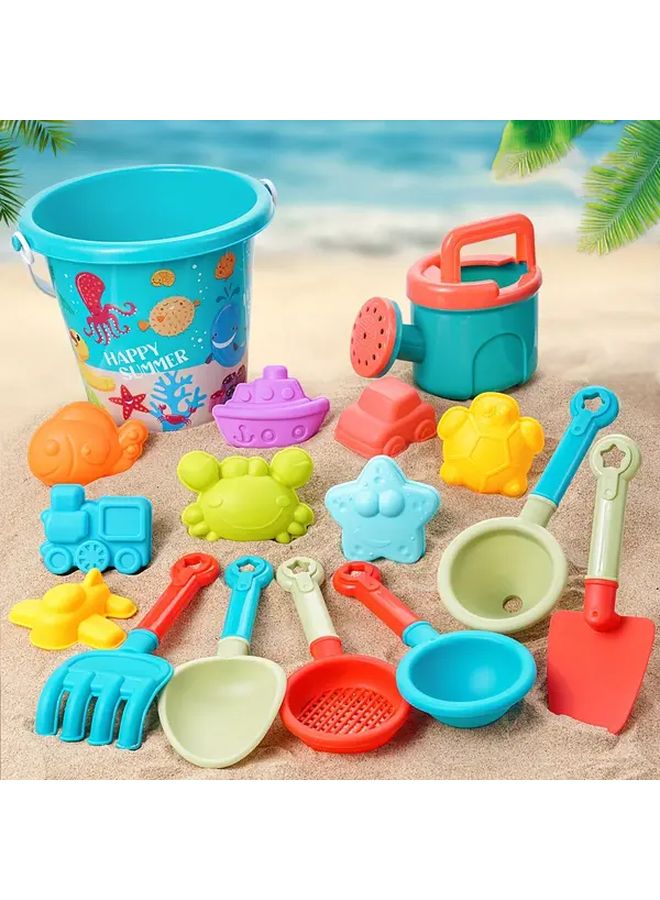 Lake Green 16 Pcs Beach Toy Set Collapsible Bucket Timer Shovels Durable PVC - Image 5