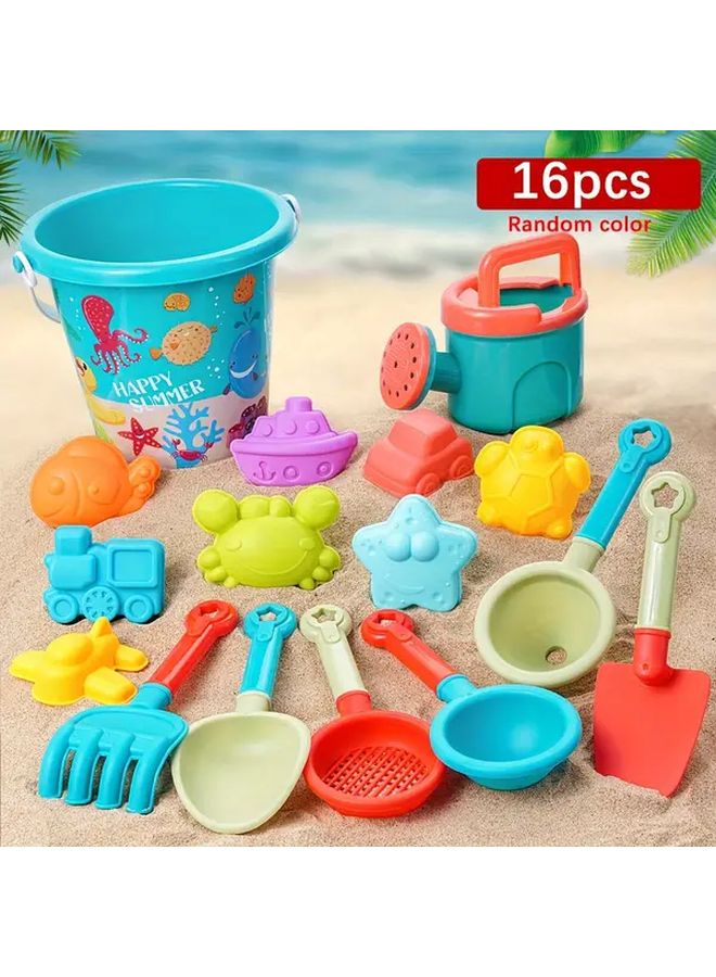 Lake Green 16 Pcs Beach Toy Set Collapsible Bucket Timer Shovels Durable PVC - Image 1