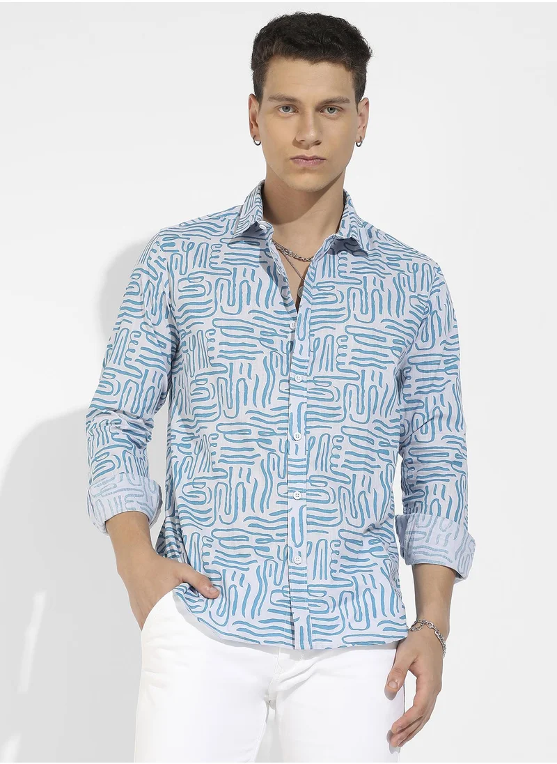 Campus Sutra Men's Blue Abstract Print Shirt