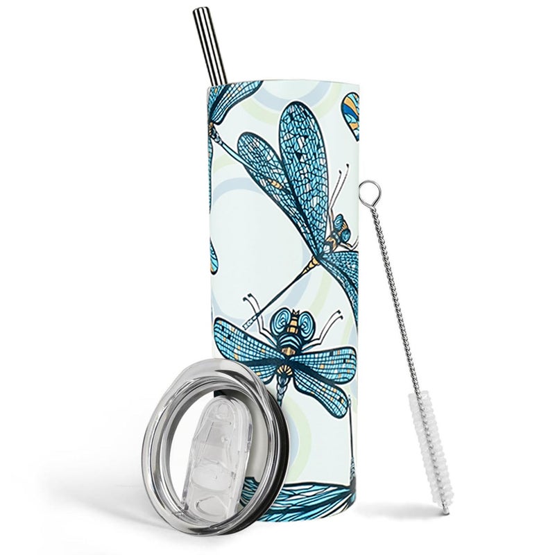 Heqianco Dragonfly Tumbler  20oz Insulated Stainless Steel Dragonfly Skinny Tumbler With Lid and Straw