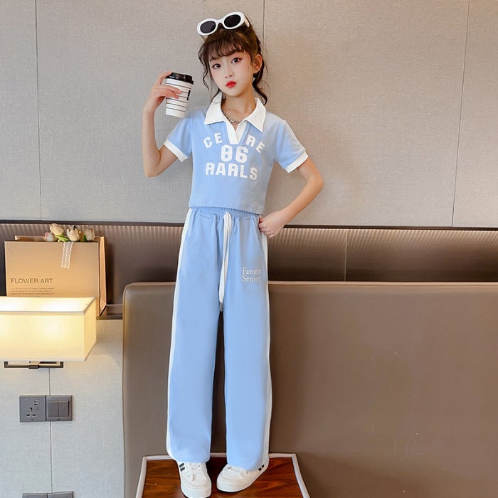 Girls Korean Style Summer Suit 2024 Summer New Fashionable Casual Letter Short-Sleeved Pants Two-Piece Set Trendy Blue 