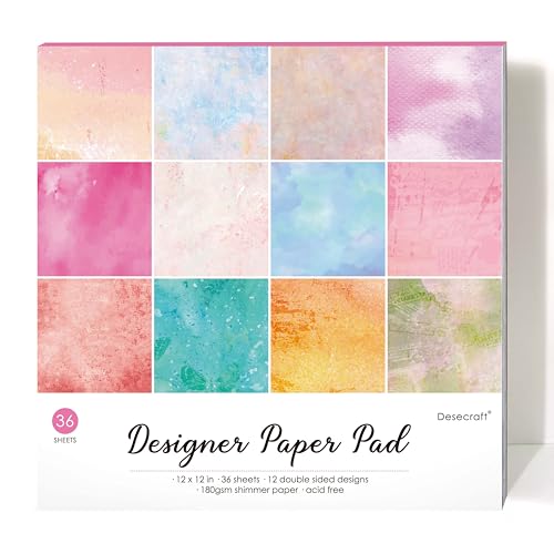 Desecraft 36 sheets 12x12 Paper Pad Pack Scrapbook Cardstock Decorative Paper - Bright Shimmer Watercolor- for Card Making Journaling Planner Origami Scrapbook Paper Scrapbooking Supplies - Image 1