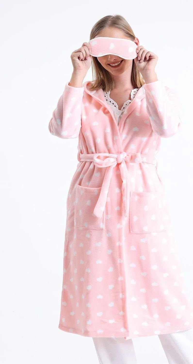 ماجيك فورم 32456 Women's Polar Fleece Hooded Long Dressing Gown (Eye Patch Gift) - Pink