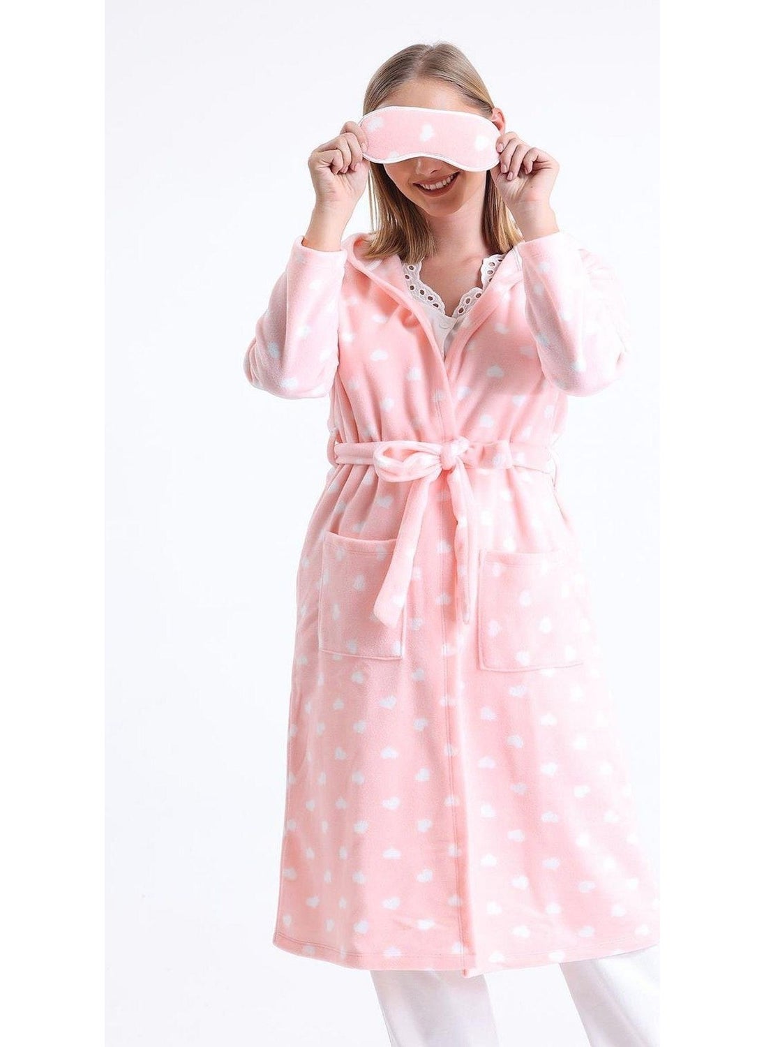 Magic Form 32456 Women's Polar Fleece Hooded Long Dressing Gown (Eye Patch Gift) - Pink  - Image 1