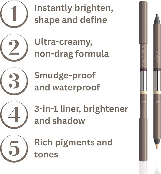 Studio 10 Studio10 Longwear Smudge Proof Kajal Eyeliner Pencil Pewter Cool Grey Silver 3in1 Eye Liner Brightener and Eyeshadow Soft Creamy Eye Pencil Used by Professional Makeup Artists - Image 2