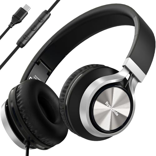 Bywulanda USB C Headphones with Mic and Volume Control Over Ear Stereo Headsets for iPhone 171615 Comfortable Fit Wired Foldable Headphones for Smartphones Chromebook Laptop Tablets TravelBlack - Image 1