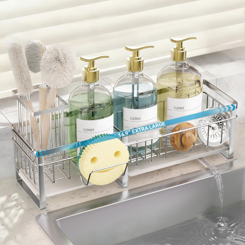 Aurblozen Extra Large Extendable Sponge Holder for Kitchen Sink Rustproof Sink Caddy Organizer with High Brush Holder Dish Soap Dispenser Organizers and Storage Stainless Steel - Image 2