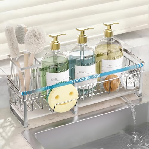 Aurblozen Extra Large Extendable Sponge Holder for Kitchen Sink Rustproof Sink Caddy Organizer with High Brush Holder Dish Soap Dispenser Organizers and Storage Stainless Steel - Image 1